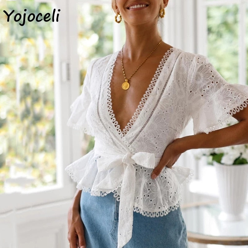 Yojoceli cotton embroidery lace blouses shirt women ruffle bow blusas female boho new blouses