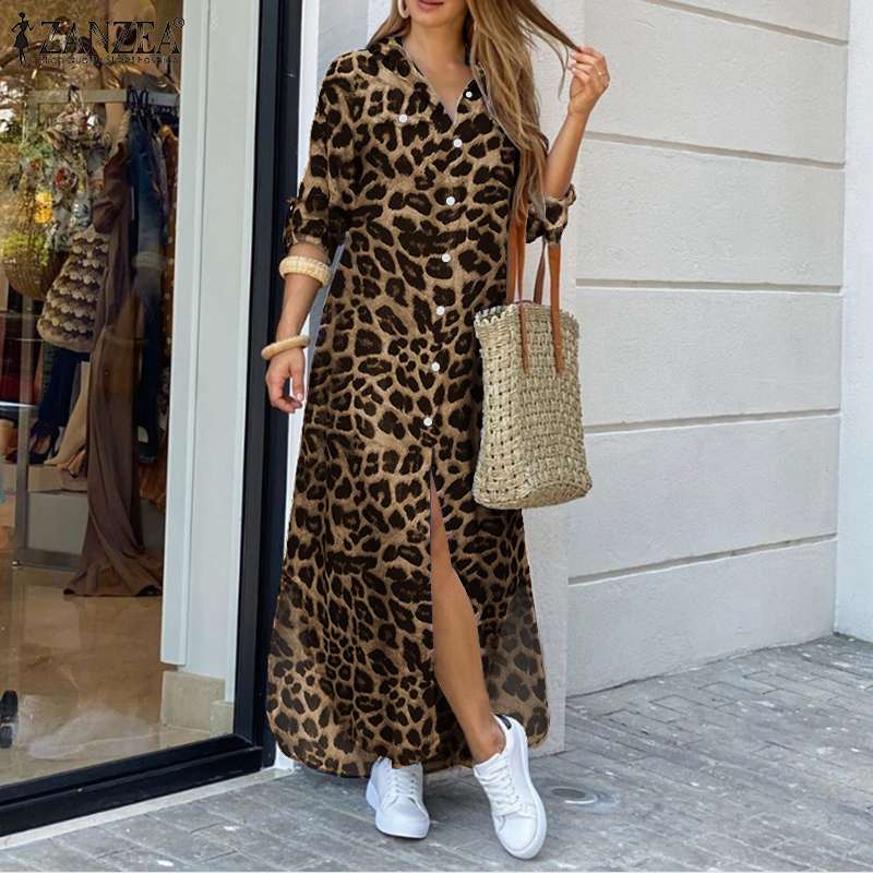 ZANZEA Party Holiday Longue Robe Mujer Otoño Moda Camisa Vestido Casual Vintage Leopardo Vestidos Mujer Solapa Vestidos Largos