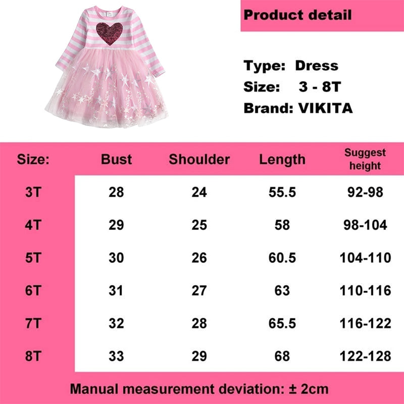 VIKITA Mädchen Gestreiftes Kleid Kinder Prinzessin Kleid für Mädchen Kinder Herz Design Kleider Mädchen Schule Freizeitkleidung Kinderkleidung