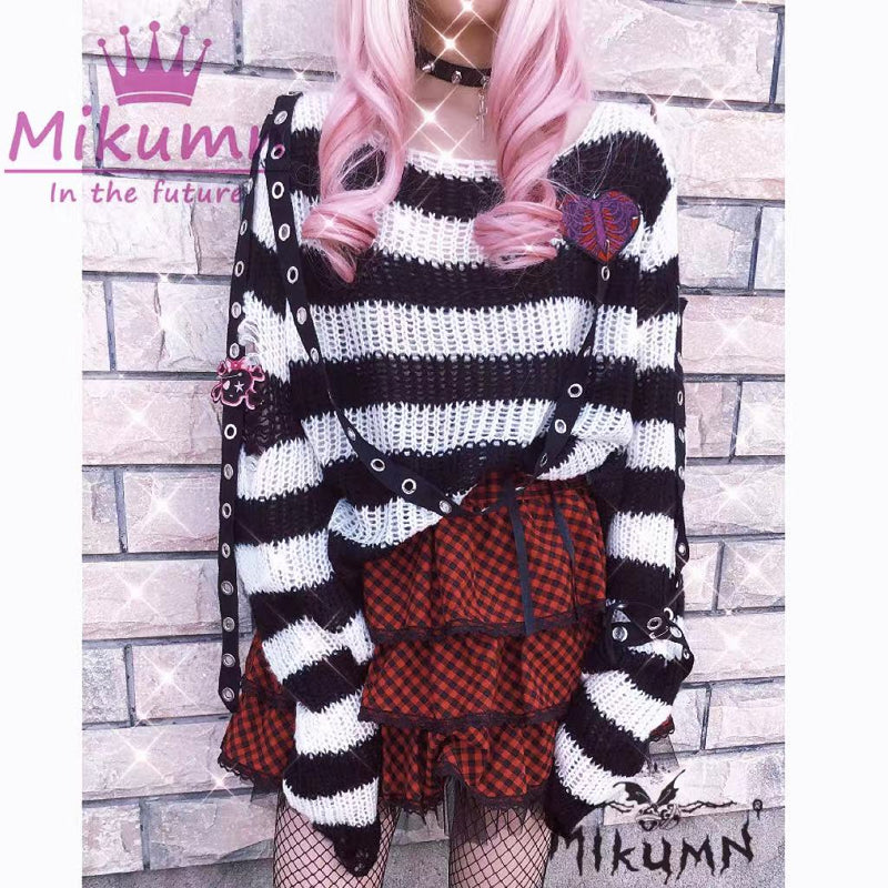 Suéter de punto a rayas para mujer y niña, gótico, Grunge, Morado, negro, rosa, ropa de calle elegante