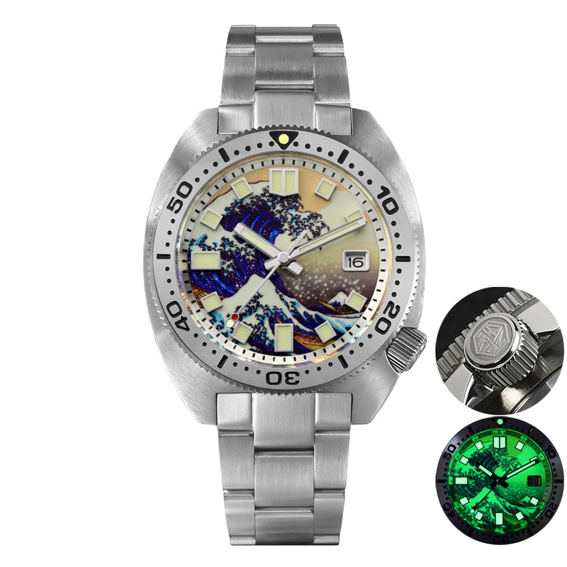 San Martin Diver 6105 Wave 3D Impresión Completa Luminoso Kanagawa Surfing Dial NH35 Mecánico Automático Hombres Reloj Zafiro Fecha