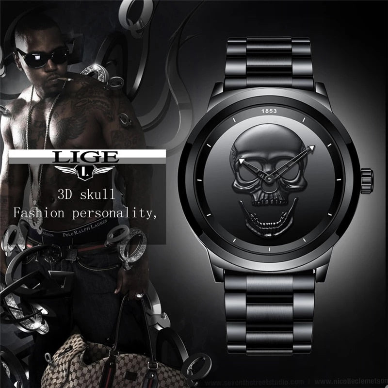 Relogio Masculino LIGE Skull Mens Watches Simple Stainless Steel Sports Watch Men&