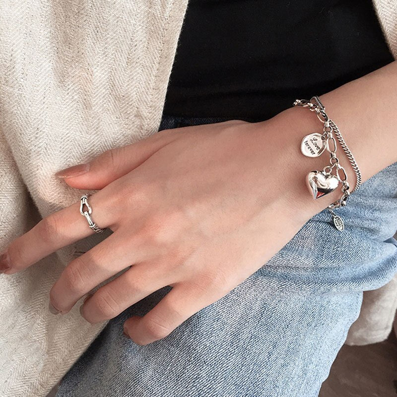 XIYANIKESilver Color Love Letter Heart Double Layer Bracelet Female Unique Design Thai Silver Retro Light Luxury Jewelry