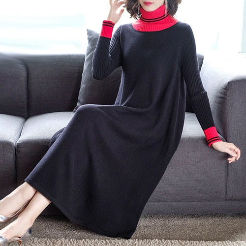 Winter Vintage Women's Turtleneck Black Sweater Dress 2023 Autumn Long Casual Knitting Maxi Dress Elegant Bodycon Party Vestidos