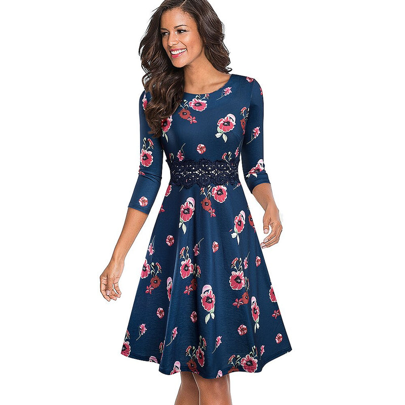 Nice-forever Otoño Retro Color puro con vestidos de encaje Fiesta A-Line Mujeres Flared Swing Dress A190