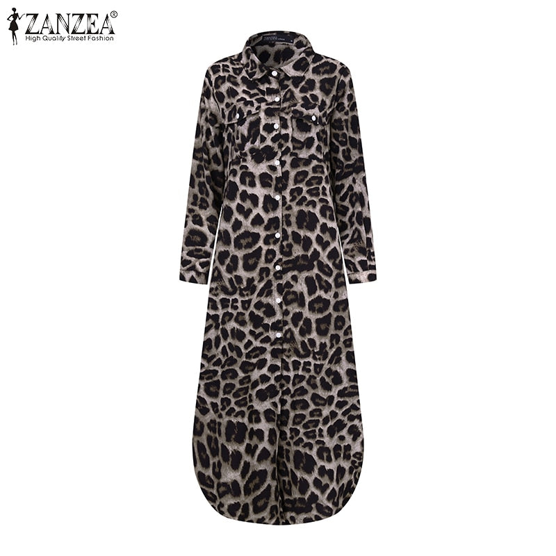 ZANZEA Party Holiday Longue Robe Damen Herbst Mode Hemdkleid Casual Vintage Leopard Kleider Damen Revers Lange Vestidos