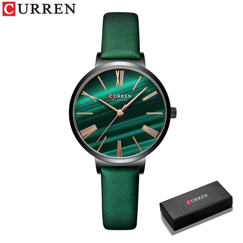 Relojes de lujo de moda CURREN para mujer, reloj de pulsera de cuarzo verde malaquita con reloj de cuero para mujer