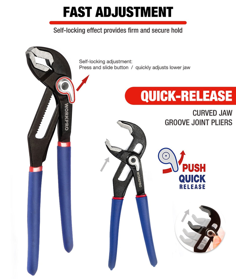 WORKPRO 8" 10" Water Pump Pliers Quick-release Plumbing Pliers Straight Jaw Groove Joint Plier Set