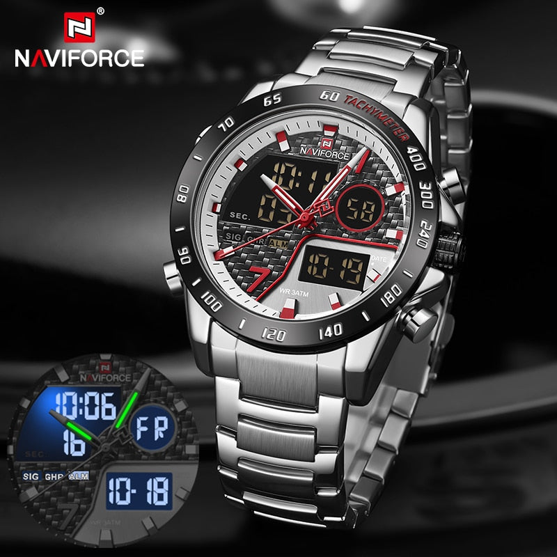 NAVIFORCE Luxury Brand Quartz Men Watches LED Digital Sport Wristwatches Steel Strap Waterproof Business Clock Relogio