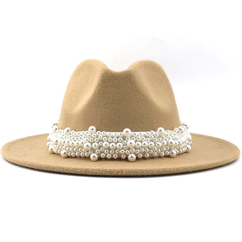 Sombreros de fieltro de lana Jazz para hombre y mujer, sombrero de fieltro con cinta de perlas de cuero, blanco, rosa, amarillo, sombrero de fiesta Formal Trilby de Panamá, 58-61CM