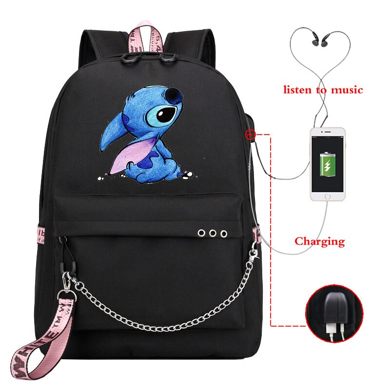 Disney Kawaii Stitch Bag Zipper USB Charging Mochila Capacity Backpack Women Kpop School Bags for Teenage Girls Students