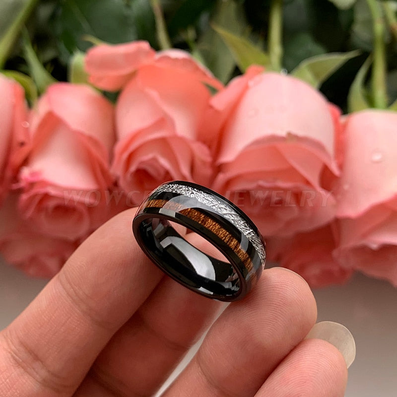 Rose Gold/Black 8mm Wedding Bands Tungsten Carbide Rings for Men Women Domed Koa Wood Meteorite Inlay Polished Shiny Comfort Fit