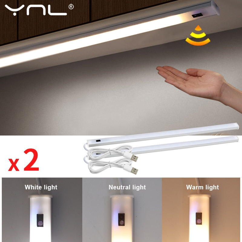 2 unids/lote de luces LED USB para debajo del armario, luces de cocina, 5V, 3 colores, lámpara con Sensor de barrido manual, luz LED para armario, iluminación para armario de dormitorio