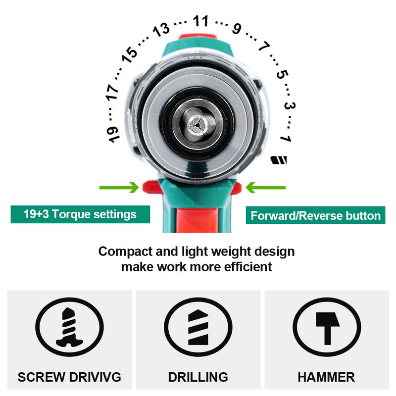 Electric Drill Brushless Cordless Drill 20V 1/2'' All Metal Chuck Cordless Drill Driver Battery 13MM Drill Keyless POSENPRO