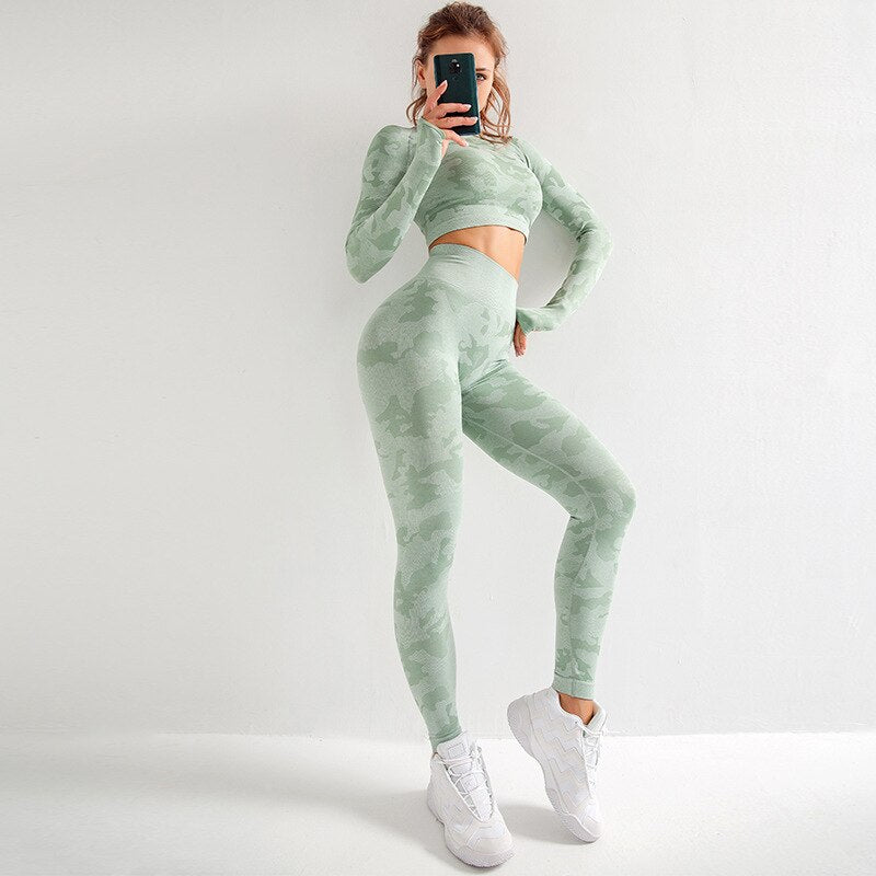 Women Yoga Sets Long Sleeve Shirt+Seamless Leggings Pants Camo Tracksuits Gym Wear Running Clothes Fitness Sportd Suit,ZF289
