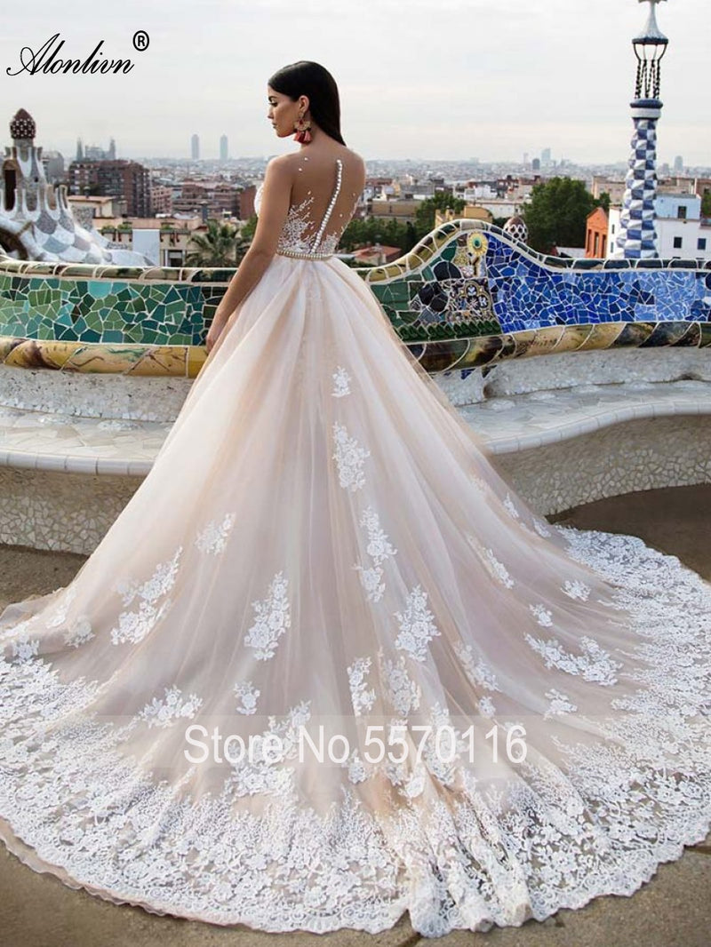 Alonlivn Elegant 2 In 1 Wedding Dress Champagne Tulle  With Gold Belt  Removable Train Appliques Lace Sleeveless Bridal Gowns