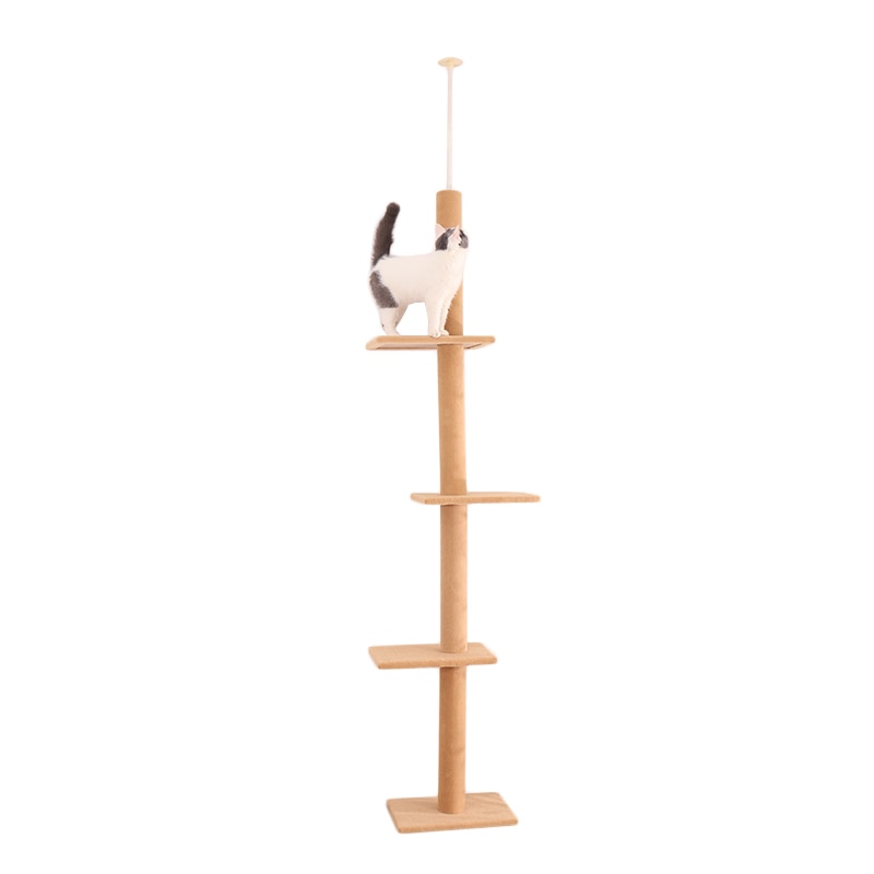 Four Tier Floor-to-Ceiling Cat Tree + Scratching Post Toy- 94.5-102.4 in Modern Cat Climbing Tower with a Scratcher Beige