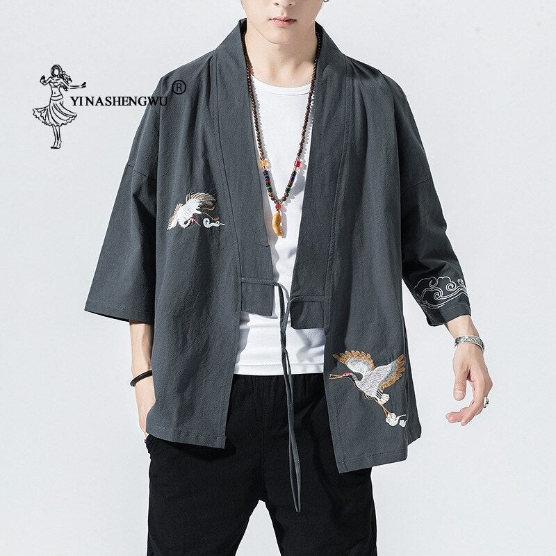 Kimono Cardigan Men Japanese Kimono Traditional Beach Thin Crane Embroidery Asian Clothes Yukata Male Samurai Casual Shirt Kimon