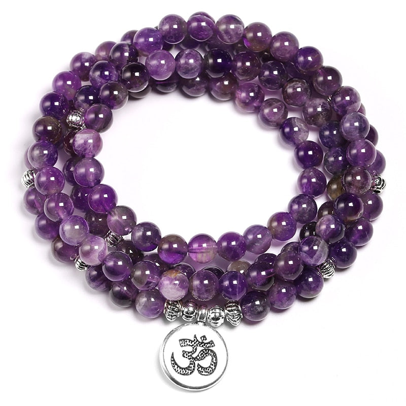 Natural Purple Crystal Amethysts Bracelet 6mm Beads Necklace Yoga 108 Mala Stone Bracelet for Women Lotus Energy Jewelry