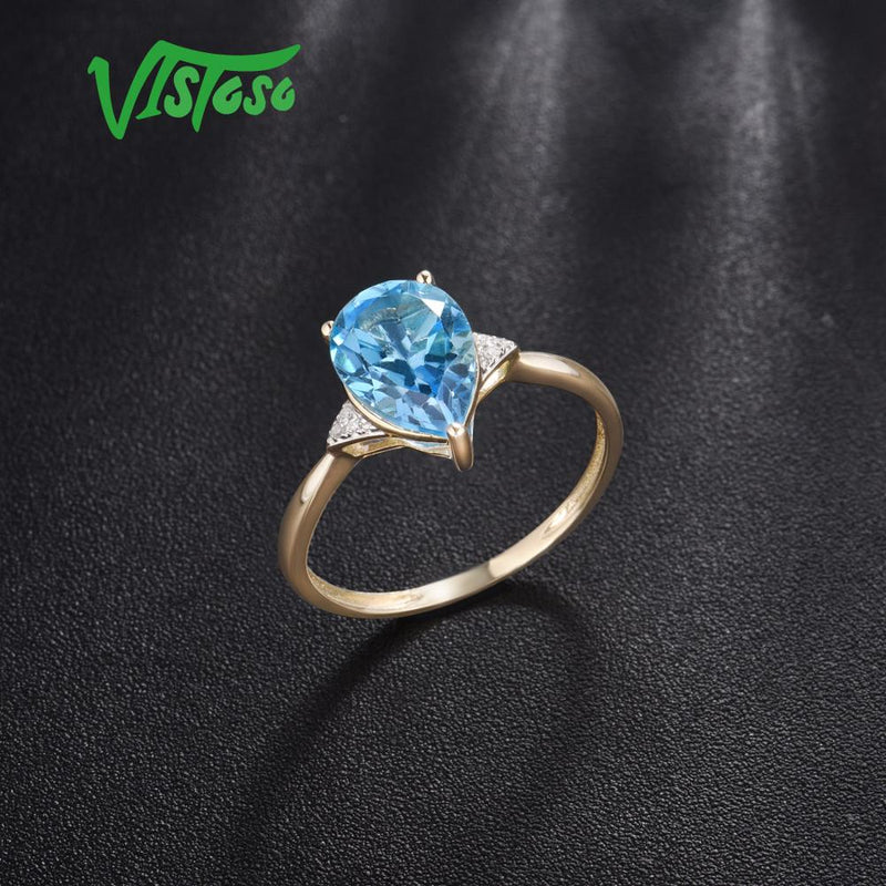 VISTOSO Ring aus reinem 14 Karat 585 Gelbgold für Damen, funkelnder Diamant, klarer blauer Topas, Jahrestag, klassischer feiner Schmuck