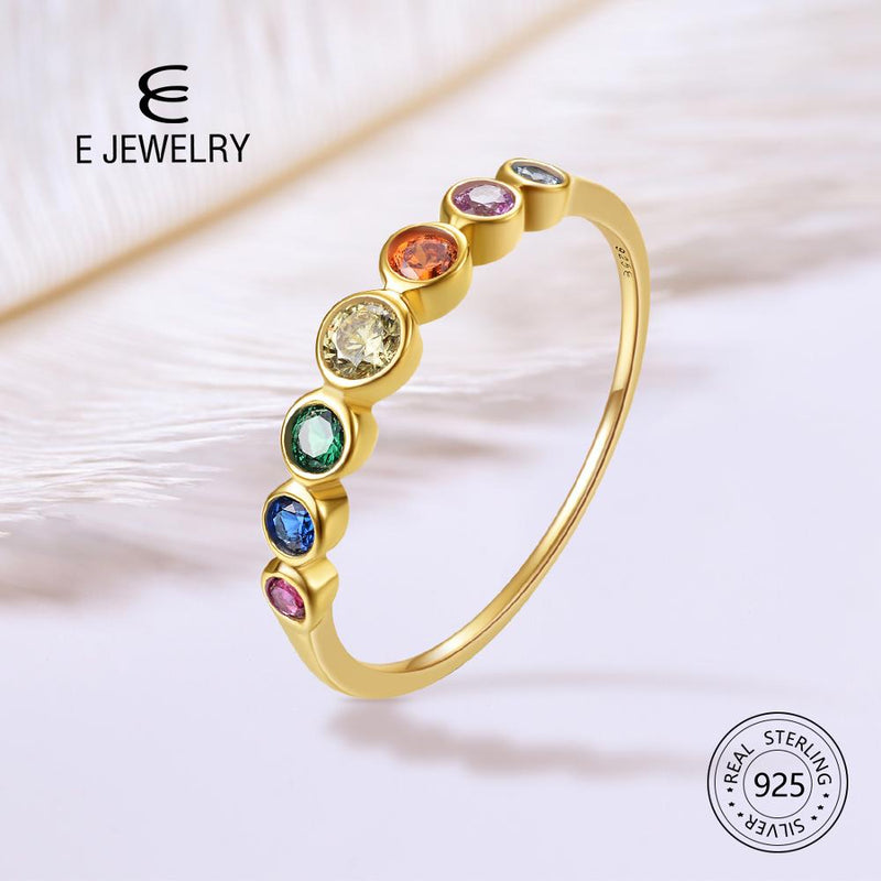E  Real Sterling Silver 925 Rainbow Ring Women's Color Cubic Zirconia Rings 14K Gold plated Eternity Wedding Rings Jewelry