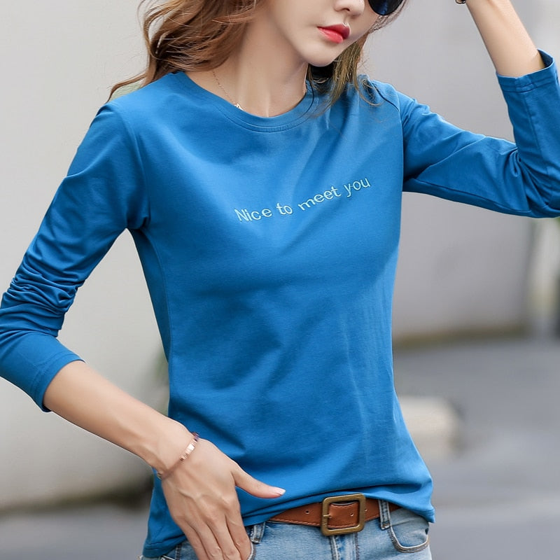 Letter Embroidery 2022 Autumn Cotton T-shirt Spring Women Long Sleeve Casual Red T shirts Fashion O-Neck Blue Yellow Simple Tops