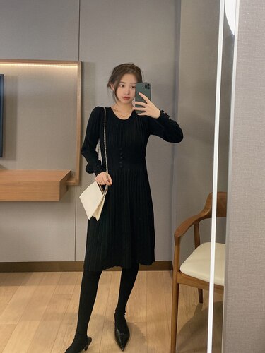 Vestido de punto para mujer, informal, de manga larga, Vintage, elegante, para oficina, suéter, vestido para mujer, otoño 2021, vestido de una pieza, prendas de vestir exteriores coreanas