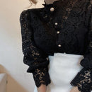 Blusas Mujer De Moda 2022 Spring Hollow Out Lace Shirt Women Office Lady Flower Blouse Stand Collar Button Female Clothing 12419