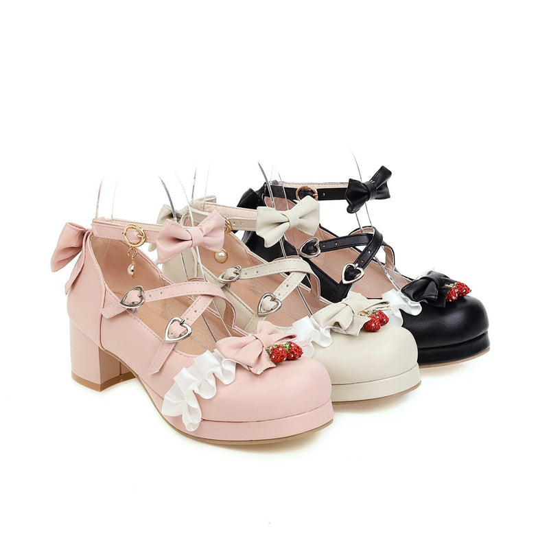 Zapatos japoneses de Lolita Mary Janes, zapatos de princesa rosa con correa en el tobillo, pajarita, volantes de fresa, zapatos de tacón para uniforme de Cosplay de boda de talla grande 48