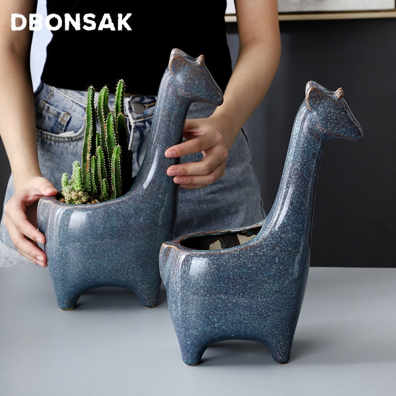 Maceta de cerámica de jirafa, maceta de Animal, jarrón de cervatillo, planta de Cactus suculenta, arreglo de flores en maceta, decoración de escritorio para el hogar