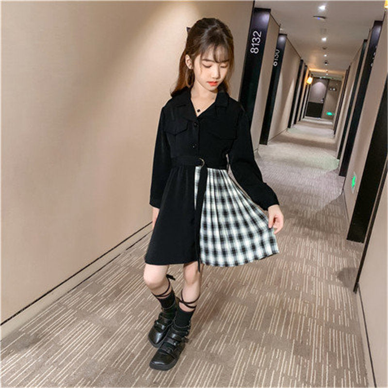 Kids Blazer Dress 2022 Girl Formal Black Blazer Dress Suit Jacket Female Fashion Children's Stitching Plaid Blazer Party Costume