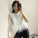 TWOTWINSTYLE Black Patchwork Feathers Korean Fashion Shirt Top Women Round Neck Sleeveless Slim Tops Female 2021 Summer Clothing