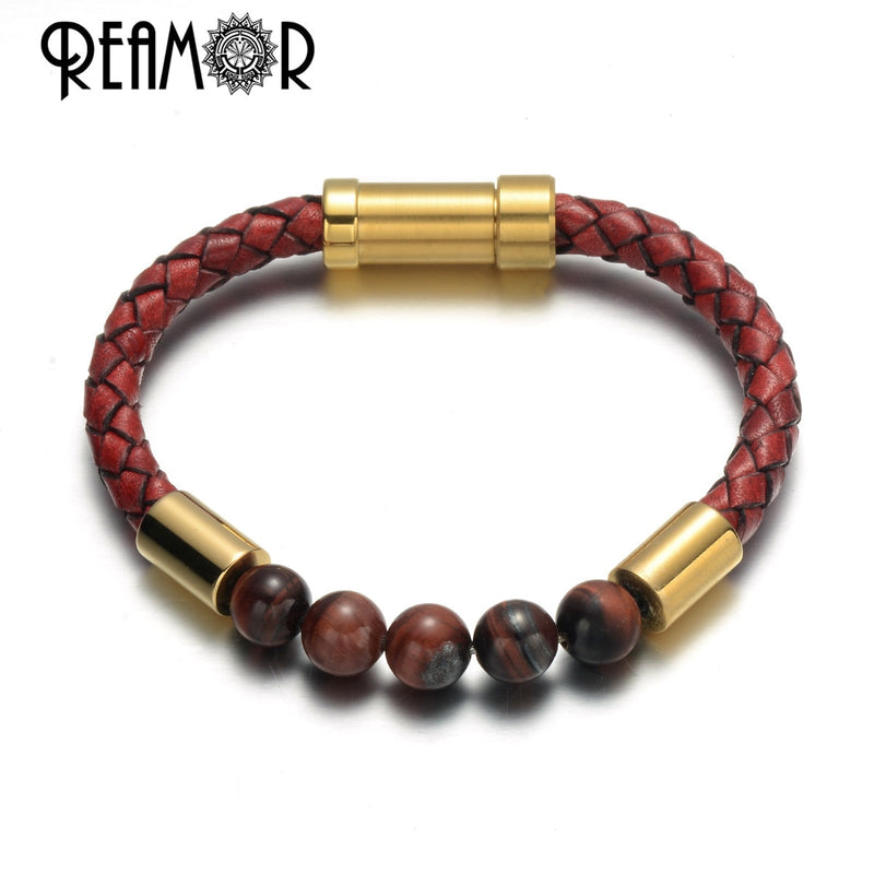 REAMOR Men Black Green Natural Stone Braided Leather Bracelets Gold Color 316L Stainless steel Embedded Clasp Bangle Jewelry