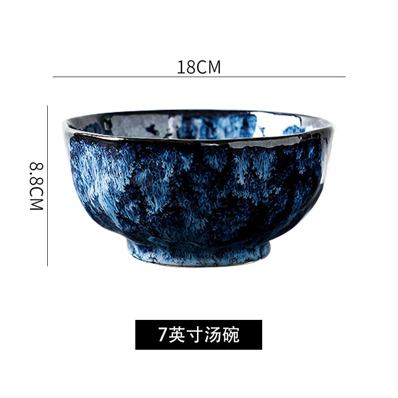 Ceramic Dinner Plates And Bowls Blue Dishes Creative Japanese Retro Kiln Changed Tableware Dinnerware Set Plate Platos De Cena