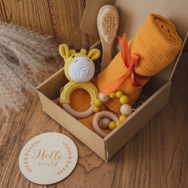 1Set Baby Bath Toy Set  Baby Bath Towel Wooden Rattle Bracelet Crochet Rattles Toys Infant Bath Products Newborn Bed Bell