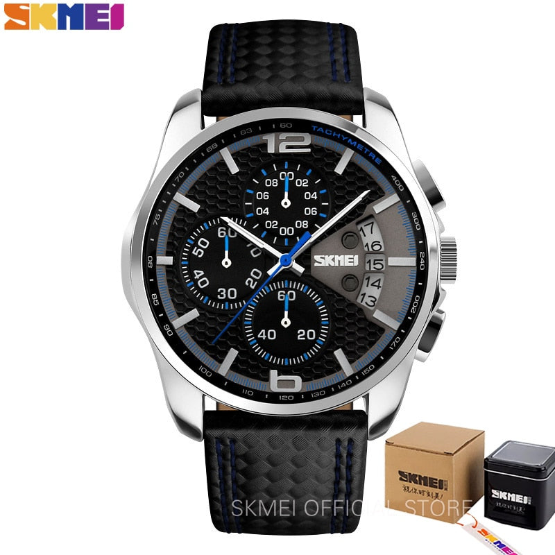 SKMEI Fashion Sport Mens Watches Top Brand Luxury Leather Strap 5Bar Waterproof Quartz Wristwatches Relogio Masculino 9106