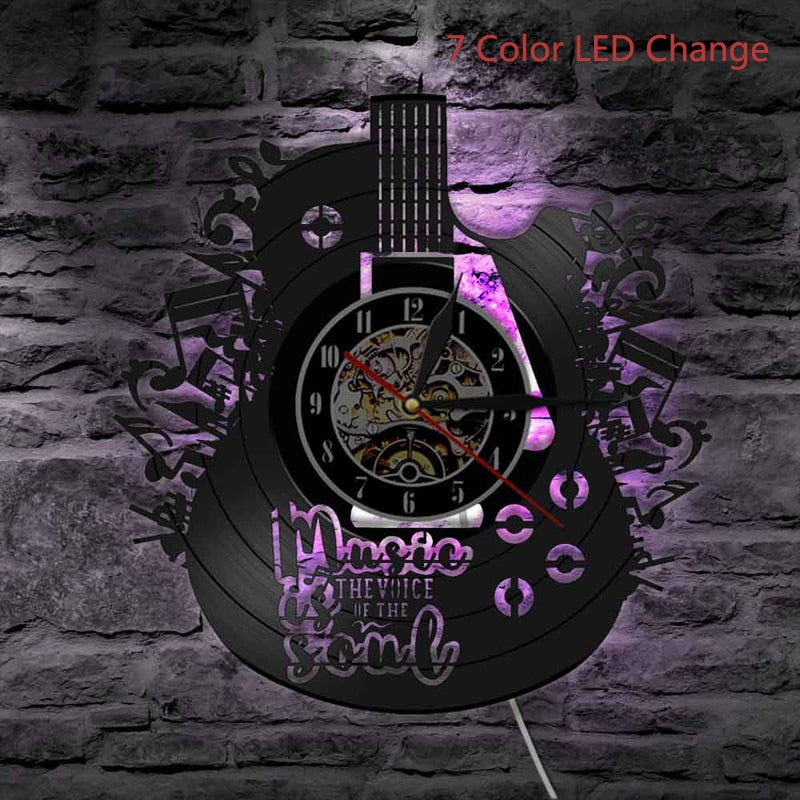 Reloj de pared LED con disco de vinilo, diseño moderno, tema musical, reloj de guitarra, reloj de pared, decoración del hogar, instrumentos musicales, regalo para el amor musical