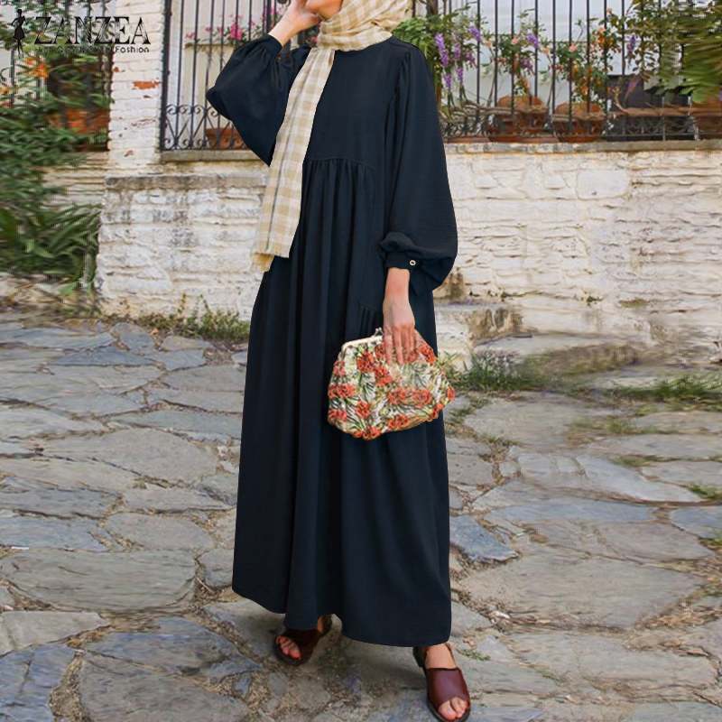 Retro Muslim Dress Women Long Puff Sleeve Abaya Turkey Hijab Dress ZANZEA Casual Solid Islamic Clothing Dubai Sundress Robe