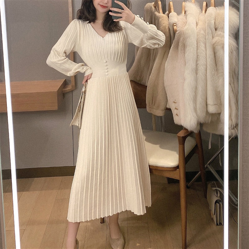 Strickkleid Frauen Casual Langarm Vintage Elegant Büro Pullover Kleid Weiblich 2021 Herbst Einteiliges Kleid Koreanische Oberbekleidung