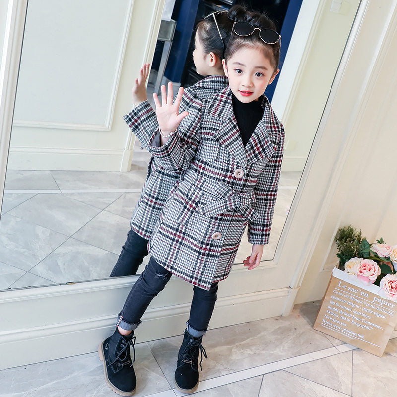 Kids Girl Overcoat Winter New Fashion Houndstooth Wool Coat for Girl Teens Autumn Jacket Long Thick Outerwear Children Windproof