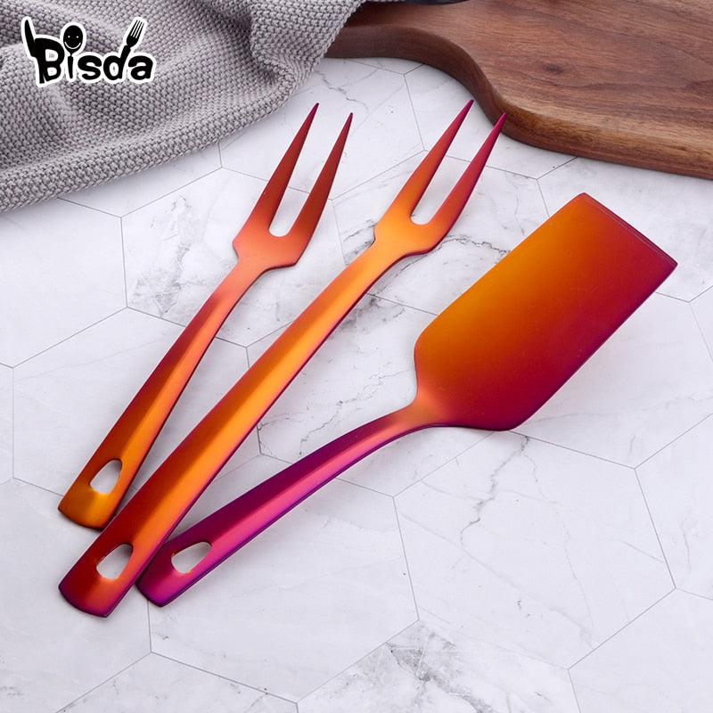 4/12pcs Stainless Steel Kitchen Utensils Gold Cooking Tool Long Serving Sets Scoop Spoon Fork Turner Ladle Cake Shovel