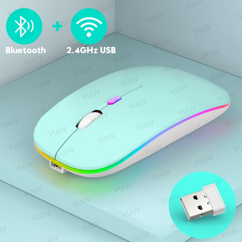 Ratón inalámbrico Bluetooth para ordenador, PC, portátil, iPad, tableta, MacBook con retroiluminación RGB, ratón USB recargable silencioso ergonómico