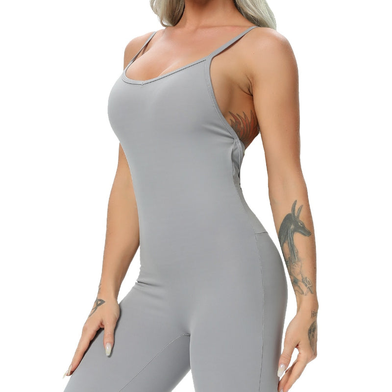 Women’s Halter Long Jumpsuits Skinny Backless Sleeveless Workout Overalls Tracksuit Sportswear Fashion Yoga Suit Gym Sport Set