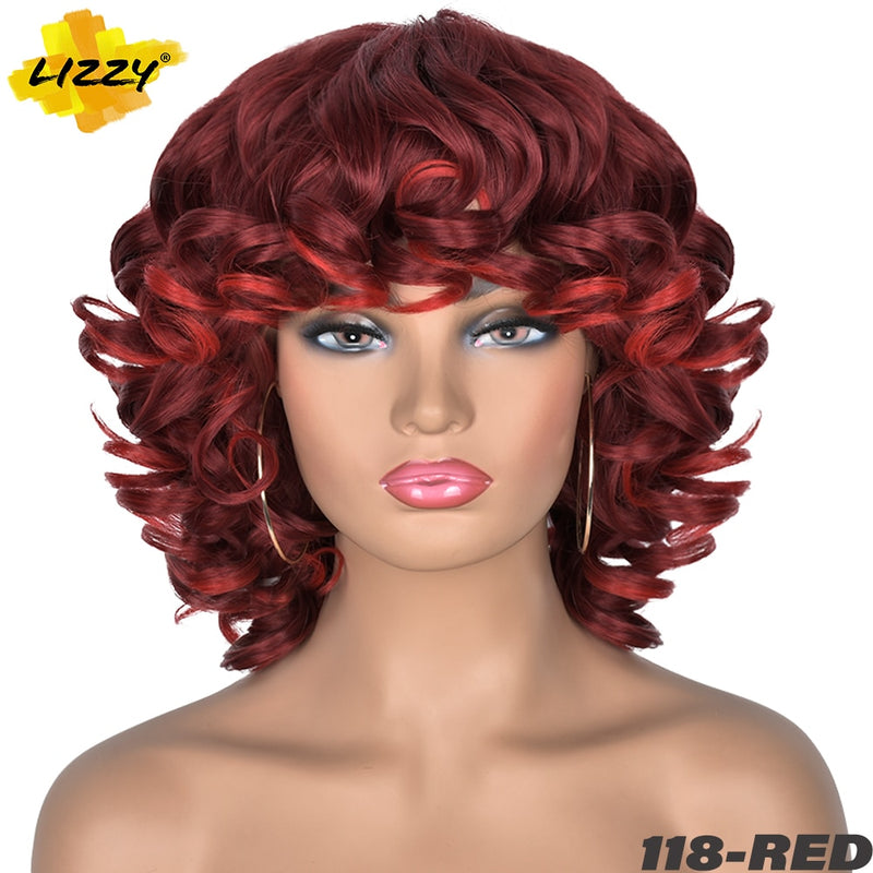 Short Hair Afro Curly Wig With Bangs Loose Synthetic Cosplay Fluffy Shoulder Length Natural Wigs For Black Women Dark Brown 14&quot;