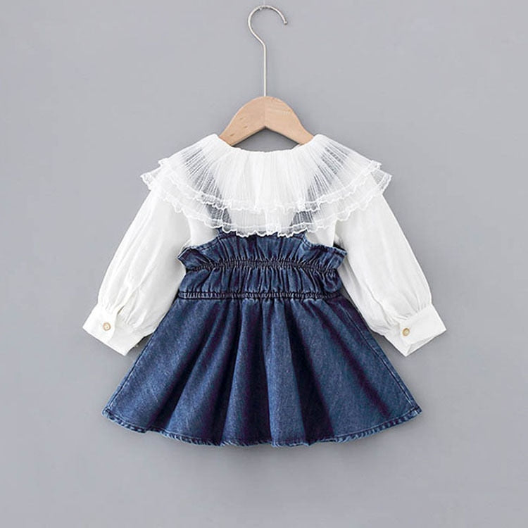 Conjunto de ropa de otoño para bebés y niñas, camisa de manga larga con solapa grande de encaje dulce + vestido de vaquero, conjunto de 2 uds de princesa vaquera