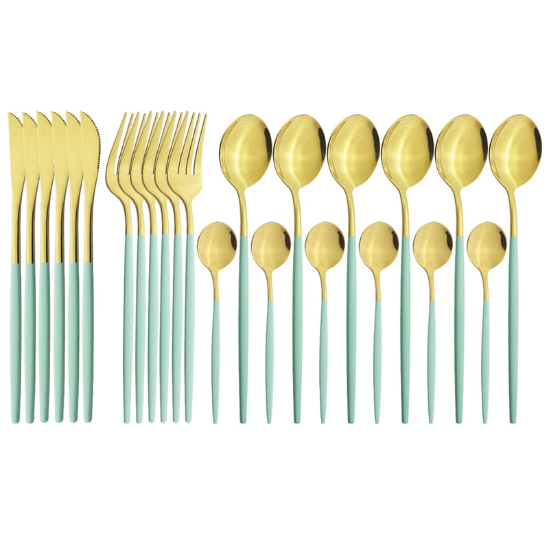 24 unids/set de vajilla de acero inoxidable, juego de cubiertos dorados, cuchillo de cena, tenedor, cuchara de café, vajilla, juegos de cubiertos de cocina