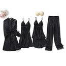 Black Sexy Women Robe Set Faux Silk Kimono Bathrobe Gown 5PCS Sleepwear Suit Hollow Out Lace Nightgown Home Wear Wedding Gift