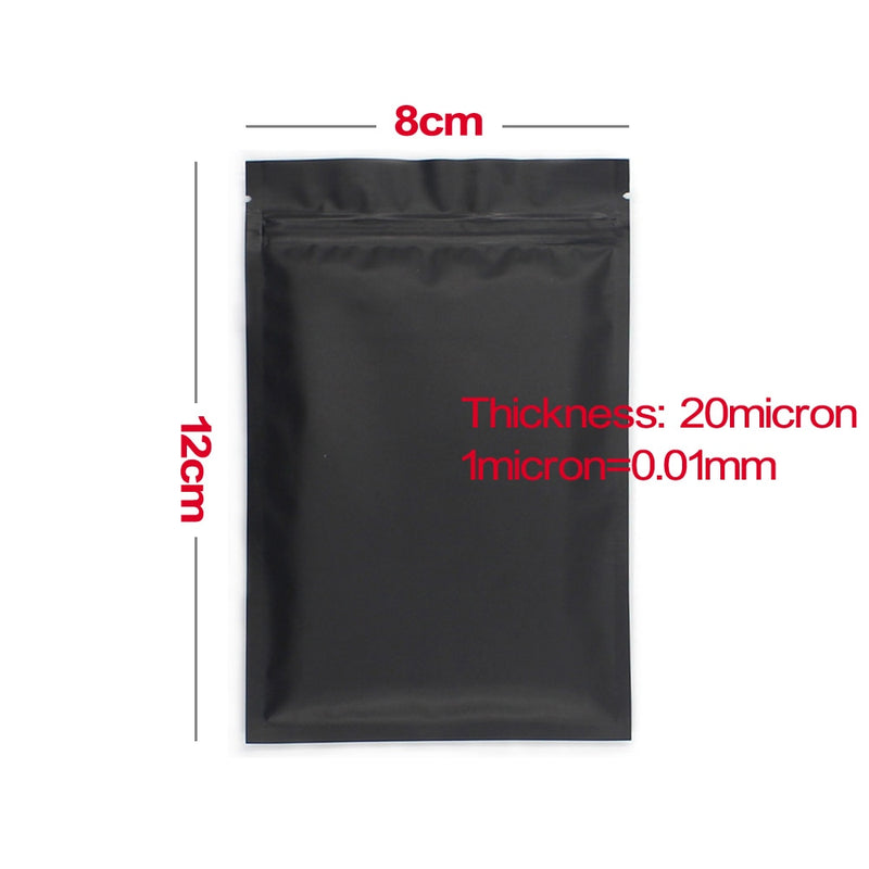 50 Uds. Bolsa de embalaje Ziplock de boca plana de plástico termosellable en blanco y negro mate bolsas Ziplock Mylar de papel de aluminio a prueba de olores