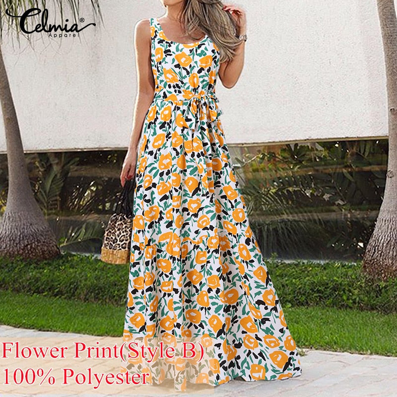 Summer Bohemian Holiday Long Dress Celmia Floral Print Beach Dress Women Sleeveless Maxi Sundress Casual Loose Party Vestidos