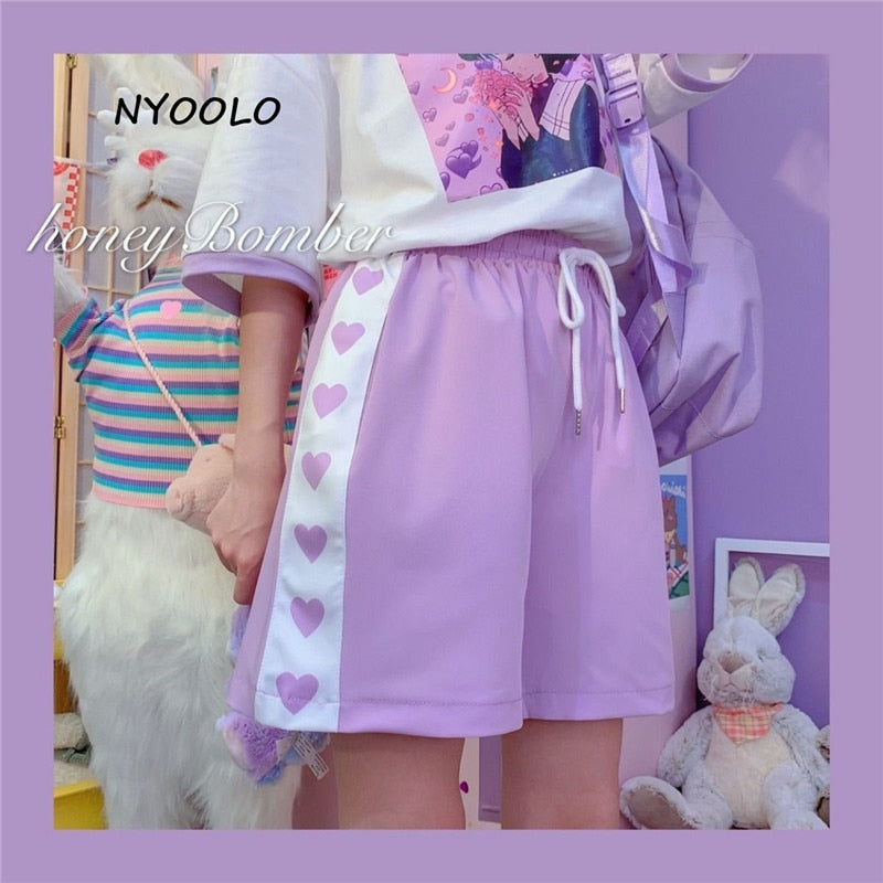 NYOOLO Harajuku style Love heart print patchwork high waist shorts women 2020 summer elastic waist Drawstring sweet girls shorts